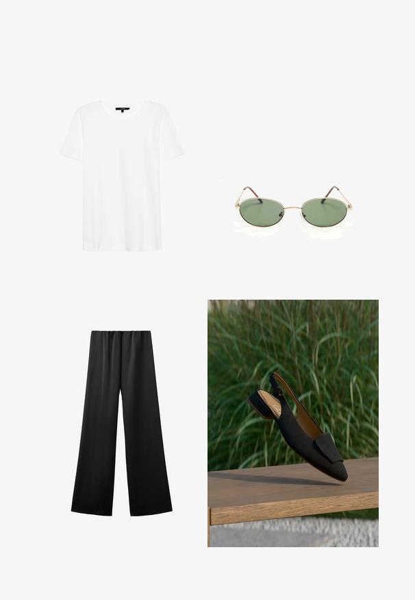 Witte t-shirt met korte mouwen en een ronde hals. Gemaakt van zachte stof, heeft het een relaxte pasvorm en een eenvoudig ontwerp zonder patronen of accenten.; Zwarte broek met wijde pijpen en een elastische tailleband, gemaakt van gladde stof, plat liggend weergegeven tegen een witte achtergrond.; Zwarte suède slingback schoen met een spitse neus, platte hak en een decoratieve knoopaccent op het enkelbandje. Voorzien van een gladde binnenvoering.; Ovale zonnebril met goudkleurig metalen montuur, groene getinte glazen en dunne pootjes, liggend op een witte ondergrond.