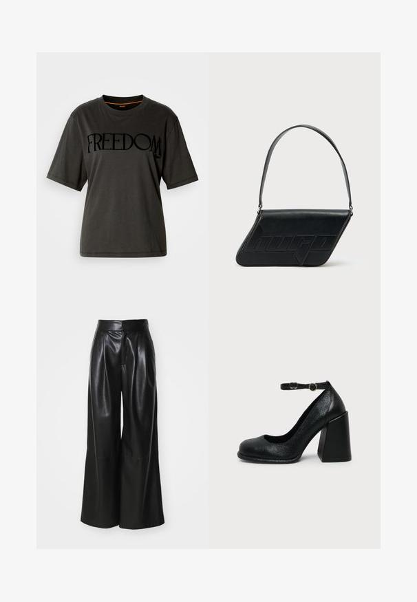 T-shirt noir en coton, coupe oversize, col rond, avec le texte en gras "LIBERTÉ" sur le devant dans une finition mate. Manches courtes.; Pantalons large en faux cuir noir, taille haute, avec un devant plissé et une texture lisse. Caractéristiques d'un design épuré et minimaliste.; Chaussure à talon haut en cuir noir avec bout arrondi et bride de cheville réglable avec boucle dorée sur fond uni clair.; Sac d'épaule en cuir noir de forme triangulaire, avec un logo embossé et une seule bandoulière réglable. Design minimaliste avec une texture lisse.
