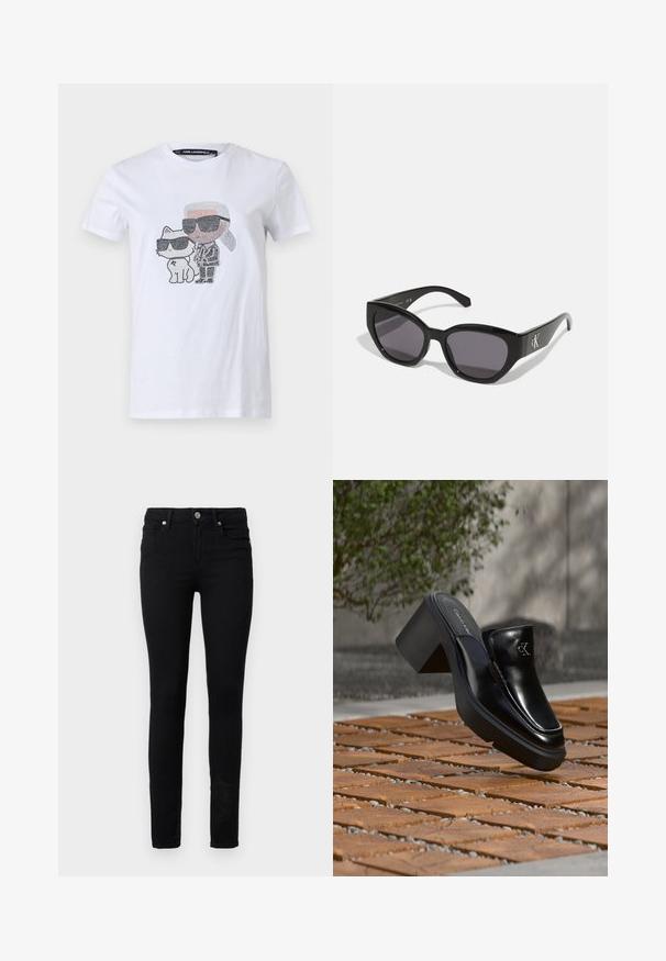 Hvid bomuld T-shirt med et grafisk design, der viser en karakter og en kat iført solbriller, accentueret med sorte og grå detaljer.; Sorte skinny jeans lavet af denim, med en frontlukning med knap og lynlås, fem lommer og en glat overflade.; Sort læder Calvin Klein slip-on mule med blokhæl, der hviler på trætøj udendørs nær en grøn plante og en grå væg.; Sorte solbriller med et strømlinet, vinklet design, mørke linser og et kontrasterende sølvlogo på siden. Glat plastoverflade.