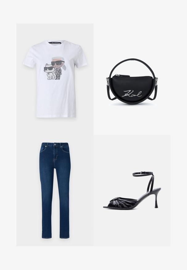 Biely bavlnený tričko s grafickým dizajnom, na ktorom je postava a mačka v slnečných okuliaroch, doplnené čiernymi a sivými detailmi.; Tmavomodré denim jeans so štíhlym strihom. Medzi vlastnosti patrí pás na gombíkový zapínanie, päť vreciek a minimálne švy.; Čierna sandála na vysokom opätku z lakovanej kože s otvorenou špičkou, záhybovým dizajnom vpredu a nastaviteľným členkovým remienkom s prackou.; Čierna polkruhová kabelka s horným zipsom, strieborným logom "Karl" na prednej strane a odnímateľnou kruhovou rukoväťou a ramenným popruhom.