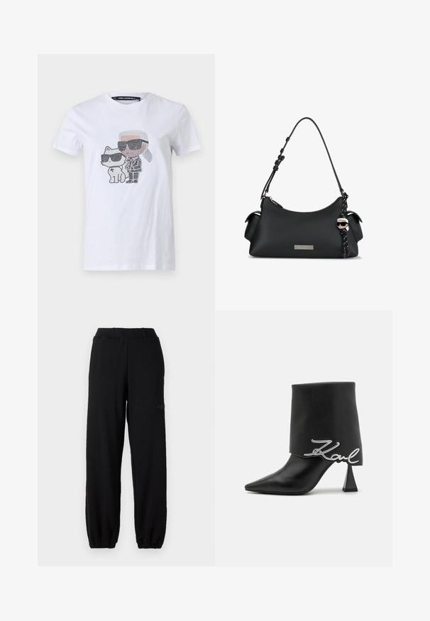 Hvid bomuld T-shirt med et grafisk design, der viser en karakter og en kat iført solbriller, accentueret med sorte og grå detaljer.; Sorte sweatpants lavet af en bomuldsblanding, med elastisk talje og manchetter ved anklerne. Diskret logo-detalje på siden.; Sort læderankelstøvle med spids tå, høj blokhælsås og en foldet overdel med et sølvfarvet "Zaul" logo.; Sort læder håndtaske med kort justerbar rem, sidelommer, sølv logo-plade og en karakternøglekæde med solbriller og hvidt hår.