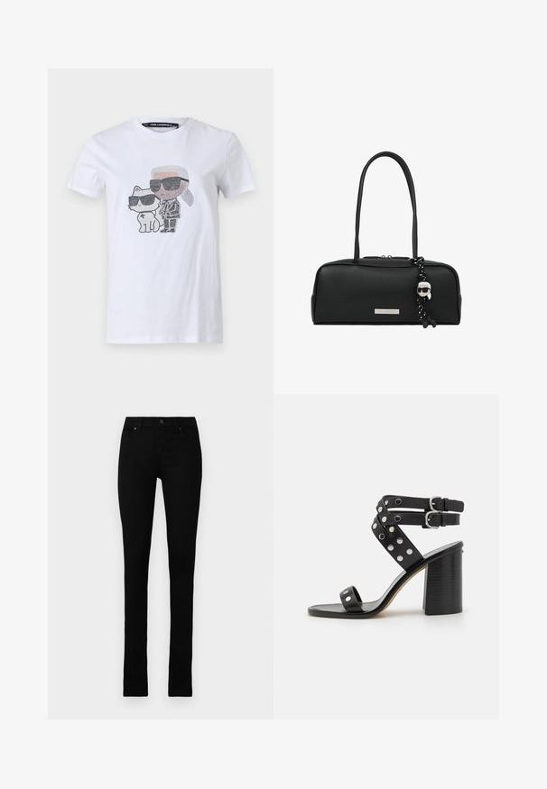Hvid bomuld T-shirt med et grafisk design, der viser en karakter og en kat iført solbriller, accentueret med sorte og grå detaljer.; Sorte denim jeans med slim fit, der har fem lommer, en knaplukning og et rent design uden udsmykninger.; Sort højhælede sandaler med en struktureret blokhæle, dobbelte spænder på ankelstropperne og sølvfarvede cirkulære nitter på de krydsede stropper.; Sort rektangulær håndtaske med to lange håndtag, sølv logo-plade, og en flettet sort-hvid rem med et lille figurcharm.