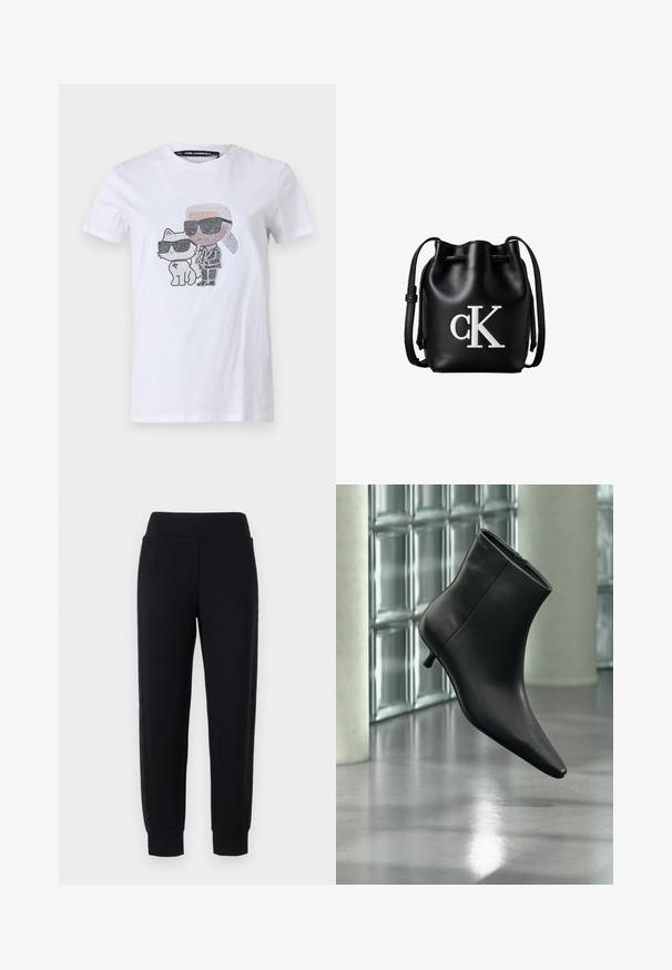 Hvid bomuld T-shirt med et grafisk design, der viser en karakter og en kat iført solbriller, accentueret med sorte og grå detaljer.; Sorte sweatpants med tætsiddende ben, der har en bred elastisk talje og strukturerede sidelapper. Lavet af et blødt, strækbart materiale.; Sort læderankelstøvle med spids tå og lav kitten-hæ, vist vinklet mod en poleret gulv- og glasblokvæg.; Sort læder bucket taske med snørelukning på toppen og hvidt "cK" logo foran, med justerbar skulderrem.