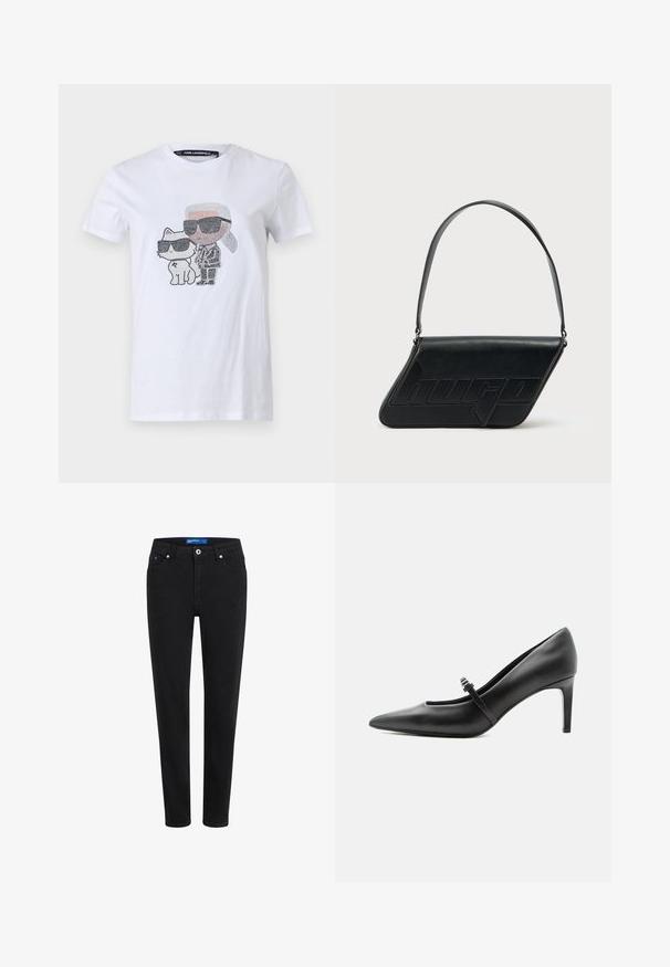 T-shirt blanc en coton avec un design graphique représentant un personnage et un chat portant des lunettes de soleil, rehaussé de détails noirs et gris.; Jean en denim noir à coupe slim, avec un design à cinq poches, fermeture éclair et bouton en métal. Présente des coutures discrètes et une taille mi-haute.; Escarpin noir en cuir à bout pointu avec une fine bride et une boucle sur le cou-de-pied, posé sur un fond clair neutre.; Sac d'épaule en cuir noir de forme triangulaire, avec un logo embossé et une seule bandoulière réglable. Design minimaliste avec une texture lisse.