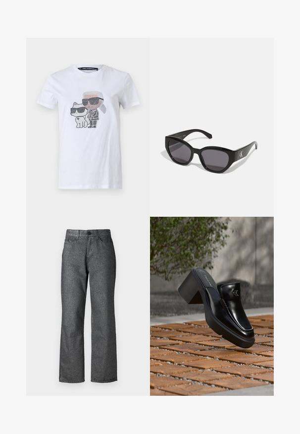 Hvid bomuld T-shirt med et grafisk design, der viser en karakter og en kat iført solbriller, accentueret med sorte og grå detaljer.; Grå denim jeans med en let glans, lige ben design, fem lommer, knaplukning og synlige søm detaljer.; Sort læder Calvin Klein slip-on mule med blokhæl, der hviler på trætøj udendørs nær en grøn plante og en grå væg.; Sorte solbriller med et strømlinet, vinklet design, mørke linser og et kontrasterende sølvlogo på siden. Glat plastoverflade.