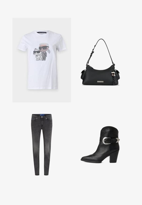 Witte katoenen T-shirt met een grafisch ontwerp van een karakter en een kat die een zonnebril dragen, verfraaid met zwarte en grijze details.; Slim-fit zwarte jeans van denim, met een vijf-pocketstijl, een knoop- en ritssluiting, en een lichte vervaging op de stof.; Zwart leren enkelboot met een spitse neus, een chunky hak en een brede band met een ronde zilveren gesp aan de zijkant. Glad textuur.; Zwarte leren handtas met korte verstelbare schouderriem, zijvakjes, zilveren logo plaatje en een karaktersleutelhanger met zonnebril en wit haar.
