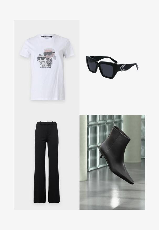 T-shirt blanc en coton avec un design graphique représentant un personnage et un chat portant des lunettes de soleil, rehaussé de détails noirs et gris.; Pantalons évasés noirs sur mesure avec une texture lisse, dotés d'une ceinture avec passants de ceinture et d'une fermeture éclair à l'avant.; Bottine en cuir noir avec bout pointu et petit talon, présentée devant un mur en blocs de verre et un sol poli.; Lunettes de soleil à monture carrée noire avec des verres teintés, texture mate et un détail de logo CK argenté sur la branche.