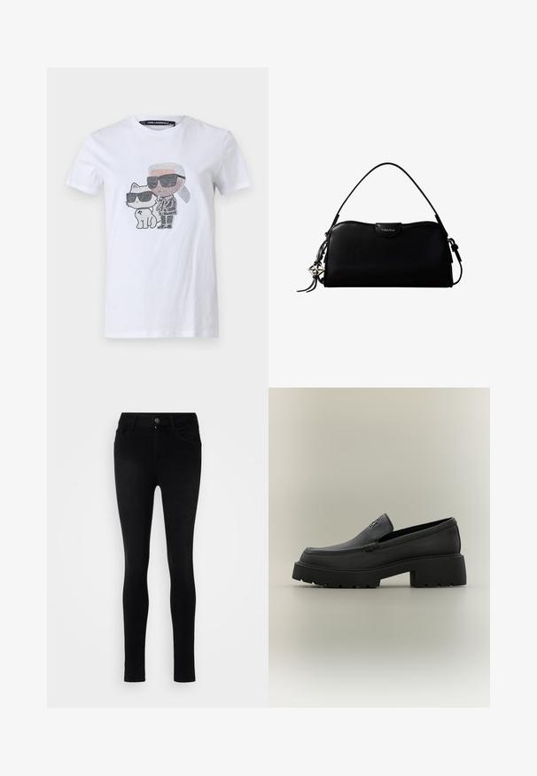 T-shirt blanc en coton avec un design graphique représentant un personnage et un chat portant des lunettes de soleil, rehaussé de détails noirs et gris.; Jean skinny noir en denim, avec une fermeture à bouton à l'avant, des passants de ceinture et cinq poches. Texture lisse avec un design épuré.; Mocassin en cuir noir avec semelle épaisse, talon bloc et petit logo métallique sur la tige, présenté de profil sur un fond neutre.; Sac à main rectangulaire noir Calvin Klein avec une seule sangle supérieure, un charm logo argenté et une petite fermeture à rabat sur le devant.