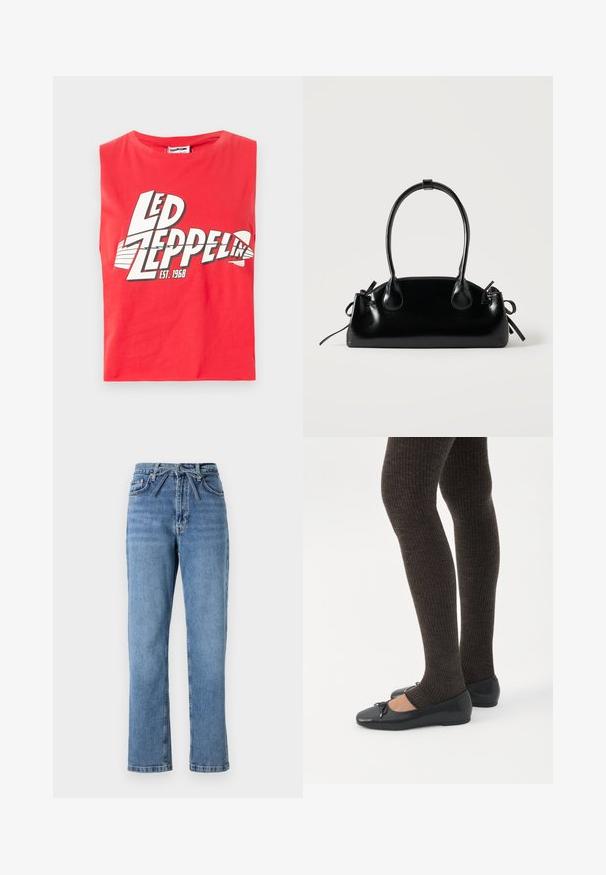 T-shirt sans manches rouge en coton. Présente un grand imprimé graphique de "LED ZEPPELIN" avec un symbole de poisson et "EST. 1968" en blanc.; Jean en denim bleu clair avec une coupe droite, taille haute, présentant un nœud à l'avant et un design classique à cinq poches. Surface texturée avec un léger délavage.; Jambes portant des leggings côtelés foncés associés à des ballerines noires avec de petits détails en nœud sur fond blanc.; Petit sac à main noir brillant avec deux longues anses et des détails à cordon sur les côtés sur un fond clair uni.