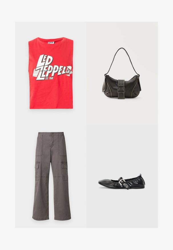 T-shirt sans manches rouge en coton. Présente un grand imprimé graphique de "LED ZEPPELIN" avec un symbole de poisson et "EST. 1968" en blanc.; Pantalons cargo gris en coton avec un design à jambes larges, dotés de deux poches avant, de deux poches latérales et de détails de couture visibles.; Chaussure plate en cuir noir avec un nez pointu, des détails froncés autour de l'ouverture et un accent en boucle argentée sur la bride ajustable.; Sac à épaule en cuir noir avec une sangle à boucle, des bords arrondis et des coutures blanches contrastées sur un fond uni.