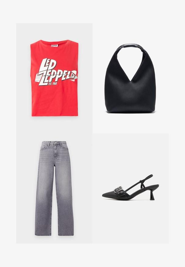 Rød udenærmet t-shirt lavet af bomuld. Har et stort grafisk print af "LED ZEPPELIN" med et fiske symbol og "EST. 1968" i hvid.; Højtaljede, vide jeans i lysegrå denim. Har et klassisk fem-lomme design, diskret fading og en metalknaplukning.; Simmi London DALA - Pumps - black; Sort hobo-taske med et tekstureret, plisseret design, der har en V-formet åbning og et rundt håndtag. Fremstillet af glat, holdbart materiale.