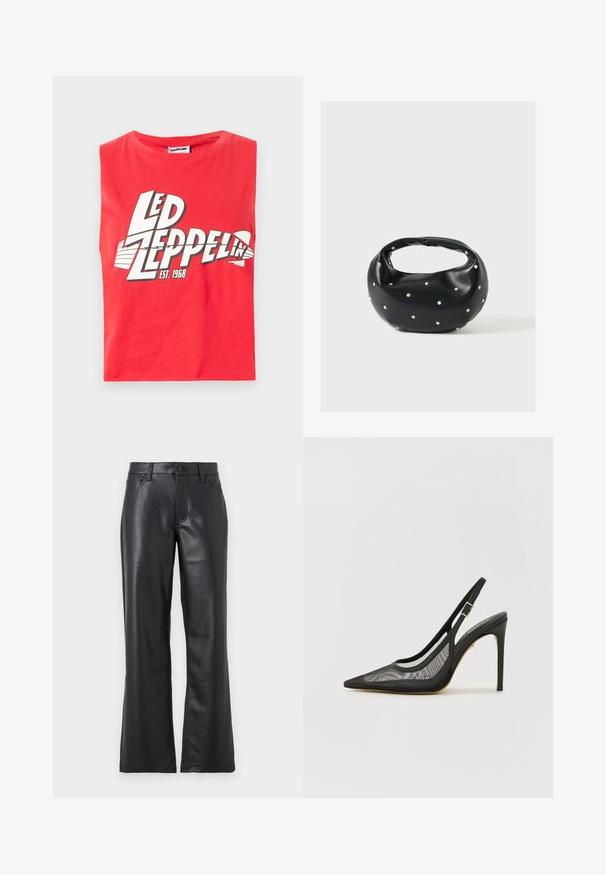 T-shirt sans manches rouge en coton. Présente un grand imprimé graphique de "LED ZEPPELIN" avec un symbole de poisson et "EST. 1968" en blanc.; Pantalon en cuir noir avec un design évasé, doté de poches avant, passants de ceinture et d'une fermeture à bouton. Texture lisse avec des coutures visibles.; L'escarpin noir à bout pointu présente un design en maille, une bride de cheville avec une boucle en argent et un talon aiguille haut. Texture lisse dans l'ensemble.; Sac à main en cuir noir de forme arrondie, décoré de clous argentés et équipé d'une poignée courte. Texture lisse et fermeture éclair.