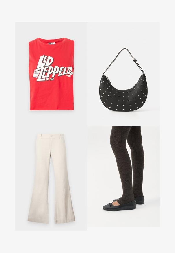 Camiseta sin mangas roja hecha de algodón. Presenta una gran impresión gráfica de "LED ZEPPELIN" con un símbolo de pez y "EST. 1968" en blanco.; Pantalones beige acampanados confeccionados en una mezcla de lino ligera. Cuentan con un cierre de botón en la parte delantera y bolsillos laterales. Textura suave, diseño casual.; Piernas con leggings oscuros acanalados combinados con bailarinas negras que presentan pequeños detalles de lazo sobre un fondo blanco.; Bolso de mano de cuero negro con forma curva, adornado con tachuelas plateadas, cuenta con cierre de cremallera y una sola correa ajustable.