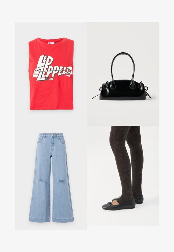 Rød udenærmet t-shirt lavet af bomuld. Har et stort grafisk print af "LED ZEPPELIN" med et fiske symbol og "EST. 1968" i hvid.; Lyseblå bredbenede jeans med høj talje, der har to forlommer og to slidte knædetaljer, fremstillet af denimmateriale.; Ben iført mørke ribbede leggings kombineret med sorte balletsko med små sløjfedetaljer på hvid baggrund.; Lille sort blank håndtaske med to lange håndtag og snøre-detaljer i siden på en ensfarvet lys baggrund.
