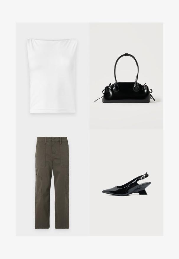 Haut sans manches blanc avec un décolleté droit, fabriqué en tissu lisse, doté d'une silhouette ajustée et sans matériel visible ni motifs.; Good American CROPPED PANTS - Pantalon cargo - fatigue; Chaussure slingback en cuir verni noir avec bout pointu et petit talon bloc incliné sur fond clair uni.; Petit sac à main noir brillant avec deux longues anses et des détails à cordon sur les côtés sur un fond clair uni.