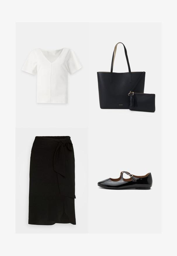 Blouse blanche à manches courtes avec un profond col en V et une couture verticale centrale à l'avant, présentée sur un fond uni.; Jupe portefeuille noire en tissu texturé, dotée d'un lien sur le côté, d'un design droit et d'une fente à l'ourlet.; Chaussure plate Mary Jane en cuir verni noir avec deux découpes et une bride à boucle dorée sur fond blanc.; Sac fourre-tout noir avec un matériau texturé, deux longues anses et une pochette zippée amovible avec un détail de pompon. Logo de la marque en orvisible.