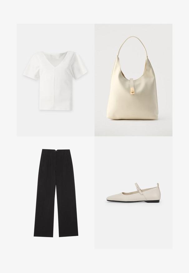 Blouse blanche à manches courtes avec un profond col en V et une couture verticale centrale à l'avant, présentée sur un fond uni.; Anna Field Pantalon classique - black; Ballerines en cuir blanc avec bout pointu, bride à la cheville et petit talon noir. Texture lisse avec des accents minimaux.; Sac hobo en cuir couleur crème avec une seule bandoulière, texture lisse et un détail de fermoir doré à l'avant.