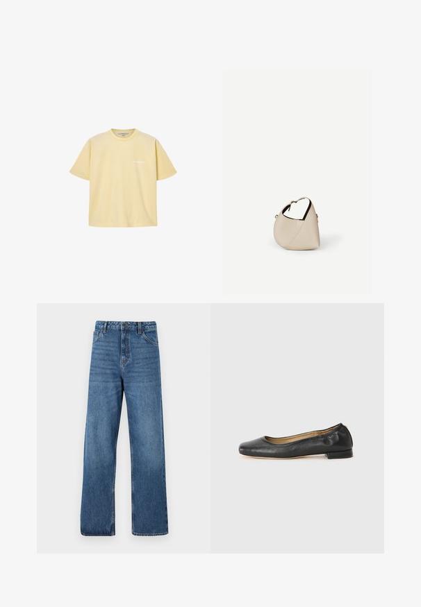 T-shirt jaune pâle à manches courtes avec col rond, avec un petit logo blanc "ALLSAINTS" sur la poitrine gauche.; Jean denim bleu taille haute avec une coupe large, présentant une texture lisse, des détails de couture minimaux et un style classique à cinq poches.; Ballerines en cuir noir avec un bout arrondi et des coutures minimales. Talon bas et rectangulaire avec une texture lisse. Détails subtils de doublure intérieure.; Sac à main en cuir beige en forme de croissant avec une seule bandoulière et des coutures minimalistes, posé sur un fond blanc uni.