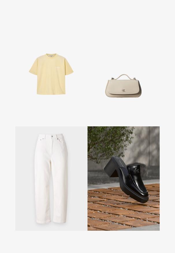T-shirt jaune pâle à manches courtes avec col rond, avec un petit logo blanc "ALLSAINTS" sur la poitrine gauche.; Jean en denim blanc avec une coupe droite, taille haute, fermeture éclair et bouton métallique. Comprend cinq poches et une couture discrète.; Mule slip-on en cuir noir Calvin Klein avec talon bloc reposant sur des carreaux en bois à l'extérieur près d'une plante verte et d'un mur gris.; Petit sac à main en cuir beige avec poignée supérieure et logo CK argenté sur le rabat avant, présenté sur fond blanc.