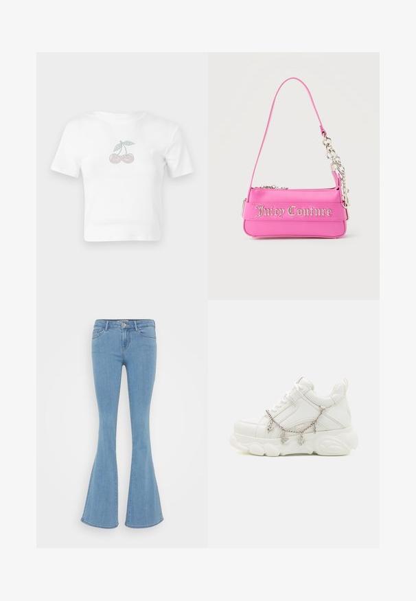 Hvid bomulds cropped t-shirt med et prikket kirsebærmotiv i pink og grøn foran. Korte ærmer og rund halsudskæring.; Lyseblå flagrende jeans lavet af denim, med en standard talje, fem lommer og en glat tekstur uden synlige mønstre.; Hvide sneakers med en kraftig sål, tekstureret læderoverdel og dekorativ metal kæde med charms. Har snørebåndslukning og polstret krave.; Lille lys pink Juicy Couture håndtaske med sølvkædedetalje og logotekst på forsiden, enkelt smalt skulderrem.