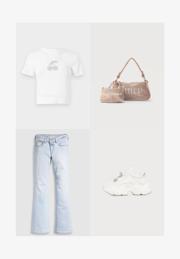 Hvid bomulds cropped t-shirt med et prikket kirsebærmotiv i pink og grøn foran. Korte ærmer og rund halsudskæring.; Lyseblå denim jeans med vide ben og høj talje, med knaplukning, fem lommer og subtile slidmærker ved hofterne.; Hvid chunky sneaker med tyk tekstureret sål, sølv charms i form af stjerne og sommerfugl på snørebånd og sølv nitter på hælflappen.; To beige ruskind Juicy Couture-tasker, den ene en lille håndledsmappe med logo, den anden en skuldertaske med rhinsten "Juicy" tekst.