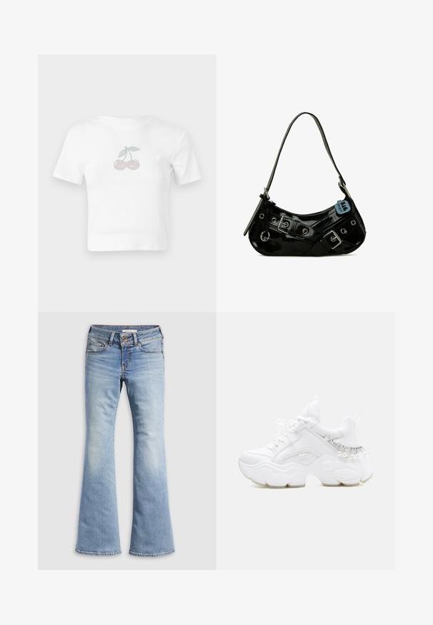 Hvid bomulds cropped t-shirt med et prikket kirsebærmotiv i pink og grøn foran. Korte ærmer og rund halsudskæring.; Lyseblå vidde jeans lavet af denim. Har knaplukning, fem lommer og falmet tekstur med sømløse kanter.; Hvid chunky sneaker med tyk sål, snørelukning foran og kædedetalje med hængende perler på hælen.; Sort lakeret skuldertaske med en buet form, udsmykket med sølvhardware, dekorative spænder og en kort rem. Blå mærkat vedhæftet.