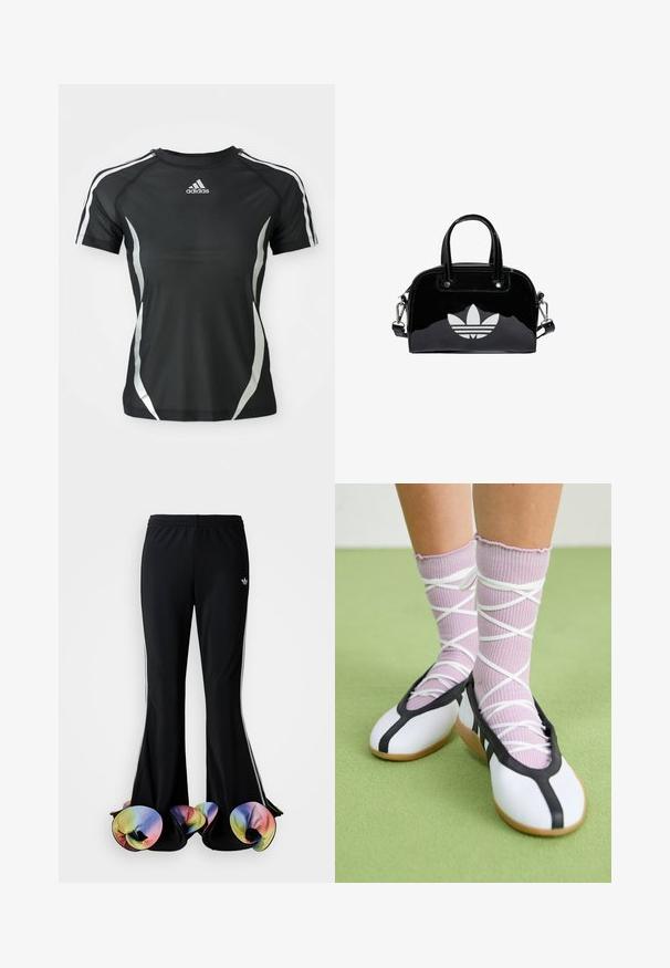 Schwarzes Adidas Sport-T-Shirt mit kurzen Ärmeln, weißen Streifen an den Schultern und silbernen gewölbten Akzenten an den Seiten.; Schwarze Sporthosen mit weit ausgestelltem Design. Sie haben farbenfrohe, gerüschte untere Säume und weiße Seitenstreifen. Hergestellt aus dehnbarem Stoff.; Beine mit gerippten lavendelfarbenen Socken mit weißen überkreuzten Riemen, kombiniert mit weißen Ballettschuhen mit schwarzem Rand auf grünem Boden.; Schwarze Handtasche aus Lackleder mit abgerundeter Form, doppelten Tragegriffen, silbernen Akzenten und einem auffälligen weißen Logo auf der Vorderseite.