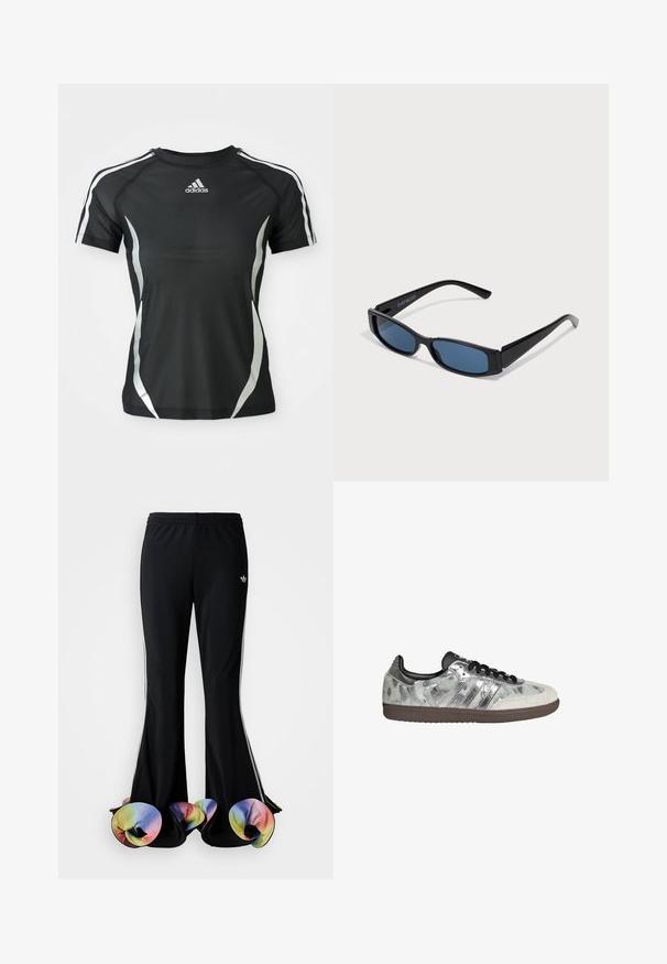 Sort Adidas atletisk T-shirt med korte ærmer, hvide striber på skuldrene og sølvfarvede buede detaljer på siderne.; Sorte træningsbukser med en bred flared design. Har farverige, flæset nederste kanter og hvide sidelister. Lavet af strækstof.; Lavtop sneaker med sølvmetallic sider, hvid ruskindsspids, sorte snørebånd og brun gummisål.; Sorte solbriller med en slank rektangulær ramme og blå linser. Har en glat overflade og robuste stænger. Mærkets logo på siden.