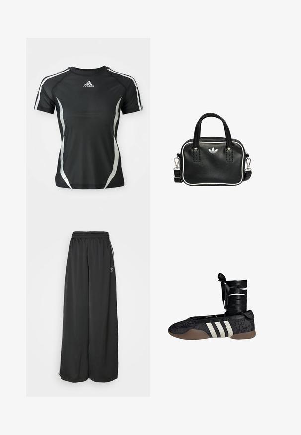 Sort Adidas atletisk T-shirt med korte ærmer, hvide striber på skuldrene og sølvfarvede buede detaljer på siderne.; Sorte løstsiddende træningsbukser lavet af glat stof. Har en elastisk talje og sidelogsstriber med logoaccents.; Sort ballettflat med blomsterprint, hvidt design med tre striber og en stofankelrem. Materialet har tekstur og en fleksibel brun sål.; Sort læderhandtaske med to korte håndtag, sølvhardware, hvide accenter og et hvidt logo. Har en struktureret overflade og et kompakt design.