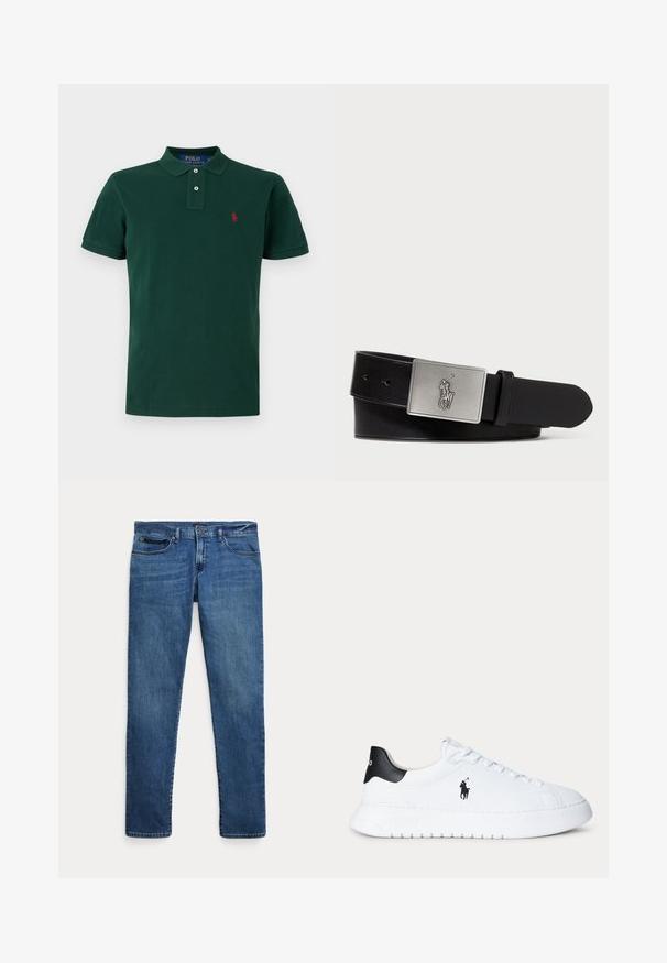 Tmavozelené polo tričko s krátkym rukávom, golierom, dvoma gombíkmi a malým červeným vyšívaným logom na ľavej strane hrudníka.; Modré rifle z denimu s úzkym strihom, s prednými vreckami, očkami na opasok a zapínaním na gombík na bielom pozadí.; Biele nízke tenisky s čiernou pätovou záložkou a čiernym logom Polo Ralph Lauren na boku, s bielymi šnúrkami a hrubou bielou podrážkou.; Čierny kožený opasok s obdĺžnikovou striebornou kovovou prackou s vyrazeným logom jazdca, hladkou textúrou a piatimi otvormi na opasok.