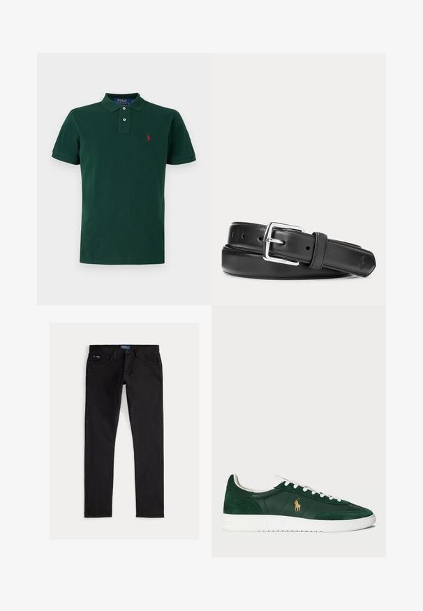 Dark green short-sleeve polo shirt with collar, two-button placket, and small red embroidered logo on the left chest.; Black denim jeans with a slim fit, featuring five pockets, belt loops, and a blue brand tag on the waistband. Smooth, durable fabric.; Green suede and leather sneakers with white rubber sole, featuring a gold logo on the side and white laces. Classic low-top design.; Black leather belt with silver rectangular buckle, rolled up on a white background, featuring subtle embossed logo on the tip.