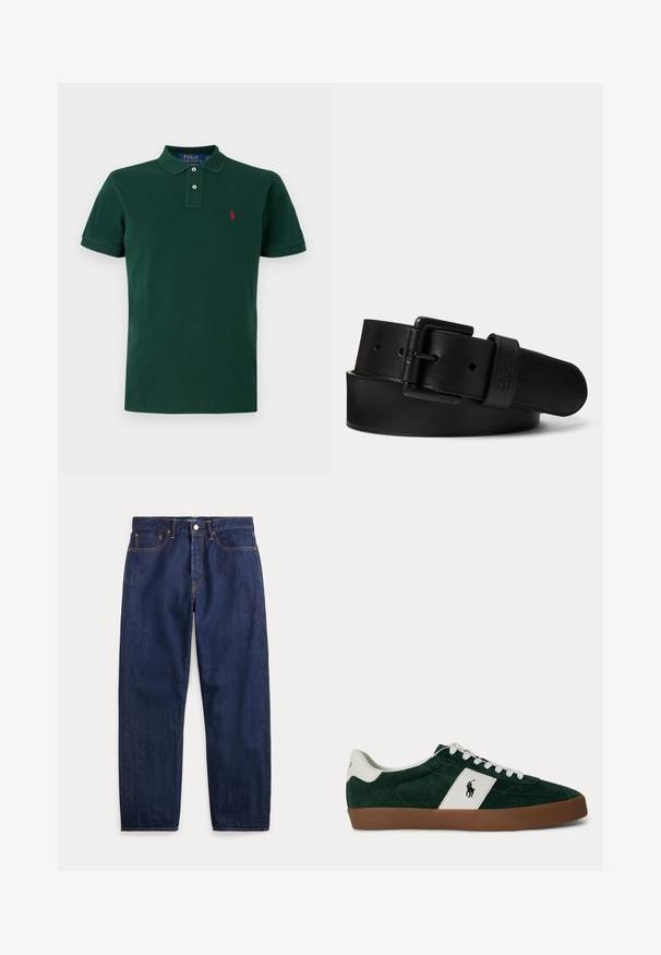 Polo vert foncé à manches courtes avec col, patte de boutonnage à deux boutons et petit logo rouge brodé sur la poitrine gauche.; Jean en denim bleu foncé avec jambes droites, cinq poches, fermeture par bouton et coutures visibles.; Baskets en daim vert foncé avec bande latérale blanche, lacets blancs, semelle marron et logo Polo Ralph Lauren sur le côté et au talon.; Ceinture en cuir noir avec une boucle rectangulaire noire et un logo embossé sur la boucle, roulée sur un fond clair uni.