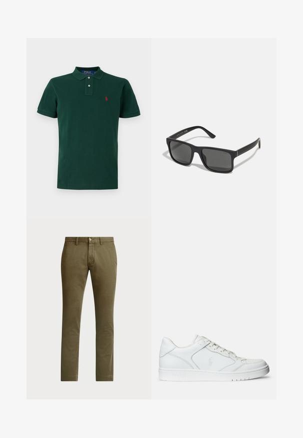 Tume roheline lühikeste varrukatega polosärk kraega, kahe nööbiga ja vasakul rinnal väikese punase tikitud logoga.; Polo Ralph Lauren BEDFORD STRETCH SLIM FIT CHINO PANT - Chino-püksid - canopy olive; Valged nahast spordijalatsid siledast materjalist, millel on ventilatsiooniga varvas, paelad ja kõrvale brodeeritud logo. Valge kummitald.; Mustad mustakas prillid tumedate läätsedega ja mati viimistlusega. Omavad sissekujundatud "POLO" logo kätel ja tugevat raamidisaini.