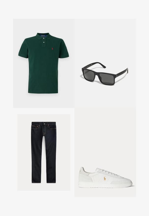 Mørkegrøn kortærmet polo med krave, to-knaps lukning og lille rødt broderet logo på venstre bryst.; Mørkeblå slim-fit jeans med fem lommer, knaplukning og kontrastsyning lagt fladt på en lys baggrund.; Hvid lavtop sneaker med snøredesign, guldfarvet Polo Ralph Lauren-logo på siden og tekstureret sål på en ensfarvet baggrund.; Sorte rektangulære solbriller med mørke linser og mat finish. Har et præget "POLO"-logo på stængerne og et robust rammedesign.