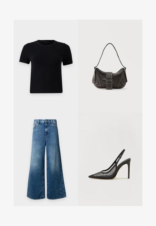 Camiseta negra de manga corta con cuello redondo, hecha de tela suave. Presenta un corte clásico y un diseño limpio y sencillo.; Jeans de denim de pierna ancha en azul medio, con un diseño clásico de cinco bolsillos, cierre de botón y un ligero desvanecimiento para añadir textura.; Zapato de tacón negro con punta afilada, con un diseño de malla, correa al tobillo con un hebilla plateada y un alto tacón de aguja. Textura suave en general.; Bolso de hombro de cuero negro con detalle de correa con hebilla, bordes curvos y costuras blancas en contraste sobre un fondo liso.