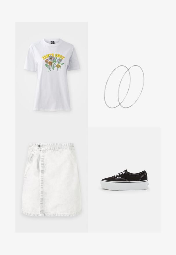Camiseta de algodón blanca con un colorido diseño floral y el texto "SANTA CRUZ" en amarillo, escote redondo, mangas cortas y un ajuste relajado.; Falda de mezclilla en gris claro. Diseño en línea A con bolsillos frontales, una costura visible en el centro y un solo botón metálico en la cinturilla.; Zapatilla de lona negra con suela de plataforma de goma blanca, que presenta cordones y costuras blancas, con branding icónico en el lateral, diseño de corte bajo.; Pendientes de aro plateados con un diseño minimalista. Forma circular, textura suave y perfil delgado. Livianos con un acabado pulido.