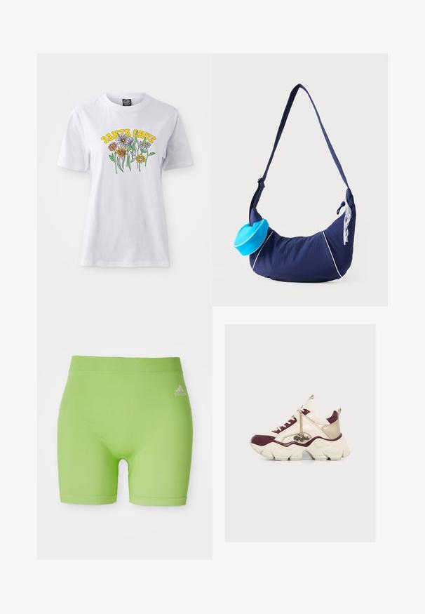Hvid bomulds T-shirt med et farverigt blomsterdesign og teksten "SANTA CRUZ" i gul, rund halsudskæring, korte ærmer og en afslappet pasform.; Grønne atletiske shorts lavet af strækbart stof, med en mellemhøj talje og et Adidas-logo på forsiden til højre.; Kraftig creme- og burgunderrød sneaker med tyk sål og kædedetalje med ordet Buffalo på siden.; Navyblå skuldertaske med lang rem, hvide pipingdetaljer, en lille lyseblå pung fastgjort og hvid blonderdekoration på siden.
