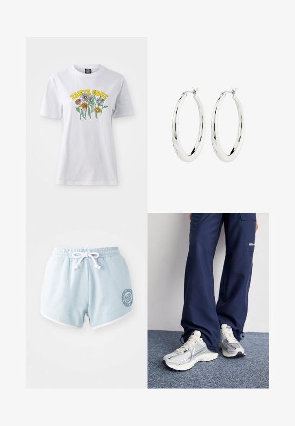 Hvid bomulds T-shirt med et farverigt blomsterdesign og teksten "SANTA CRUZ" i gul, rund halsudskæring, korte ærmer og en afslappet pasform.; Lyseblå shorts lavet af blødt stof med en hvid snor, der har hvid kant og et rundt logo patch på siden.; Nike sportssko med en sølvfarvet mesh-overdel, hvide detaljer og strukturerede såler, parret med løstsiddende navy bukser.; Sølvøreringe i form af hoops med en glat, blank finish. Cirkulær form, der har en sikker lås. Simpelt og elegant design.