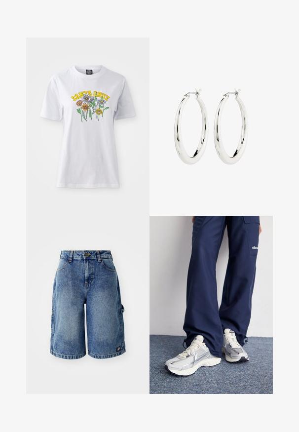 Camiseta de algodón blanca con un colorido diseño floral y el texto "SANTA CRUZ" en amarillo, escote redondo, mangas cortas y un ajuste relajado.; Pantalones cortos de mezclilla en azul claro con un corte relajado, cinco bolsillos y cierre de botón. Presenta detalles de costura y un pequeño parche con el logo.; Zapatillas deportivas Nike con parte superior de malla plateada, acentos blancos y suelas texturizadas, combinadas con pantalones azul marino de corte holgado.; Pendientes de aro de plata con un acabado suave y brillante. Forma circular, con un cierre seguro. Diseño sencillo y elegante.