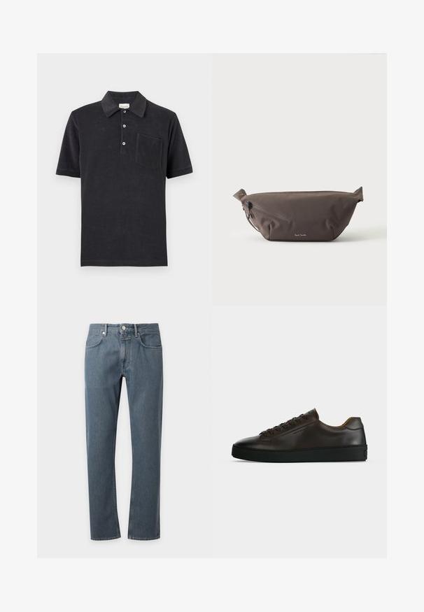Polo noir à manches courtes avec trois boutons blancs et une poche poitrine, posé à plat sur un fond neutre.; Jeans en denim bleu à coupe droite avec poches avant, passants pour ceinture et fermeture par bouton, présentés sur un fond clair uni.; Baskets basses en cuir marron foncé avec semelle en caoutchouc noire, lacets à l'avant et design minimaliste épuré sur fond clair.; Sac banane en tissu marron foncé avec poche zippée en diagonale et petit logo blanc sur le devant, sur un fond clair uni.