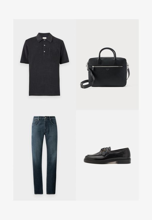 Polo noir à manches courtes avec trois boutons blancs et une poche poitrine, posé à plat sur un fond neutre.; Jean en denim foncé avec une coupe droite, design classique à cinq poches, coutures contrastées et un effet délavé subtil au niveau des cuisses.; Mocassins en cuir noir avec un bout arrondi et une boucle décorative. Talon plat, solide et texture lisse sur l'ensemble.; Serviette rectangulaire en cuir noir texturé avec double poignée, poche avant zippée et bandoulière réglable présentée sur fond blanc.