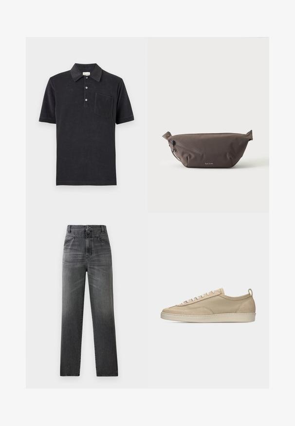 Polo noir à manches courtes avec trois boutons blancs et une poche poitrine, posé à plat sur un fond neutre.; Jeans en denim gris foncé présentant une taille haute, une coupe droite, et une texture délavée avec poches avant et fermeture à un bouton.; Baskets beige basses avec tige en tissu et daim, lacets blancs, semelle en caoutchouc et languette à l'arrière, présentées en profil latéral sur fond blanc.; Sac banane en tissu marron foncé avec poche zippée en diagonale et petit logo blanc sur le devant, sur un fond clair uni.