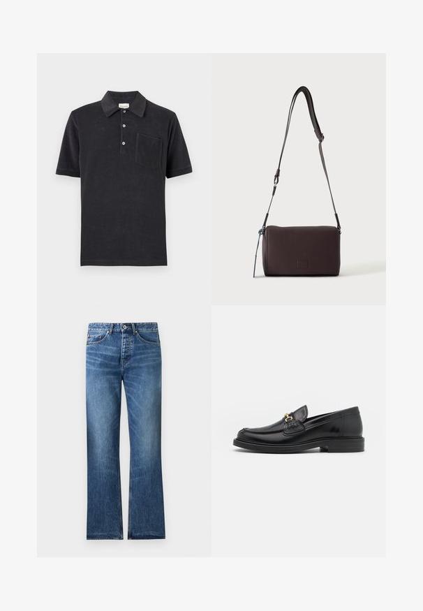 Polo noir à manches courtes avec trois boutons blancs et une poche poitrine, posé à plat sur un fond neutre.; Jean en denim bleu avec une coupe droite, cinq poches, fermeture par bouton et zip, et légère décoloration sur les cuisses et les genoux.; Mocassins en cuir noir avec un embout rond, présentant des accents en métal doré et des détails de couture, montés sur une semelle en caoutchouc texturé et basse.; Sac bandoulière en cuir marron foncé texturé avec une sangle réglable et un petit accent décoratif bleu sur le côté.