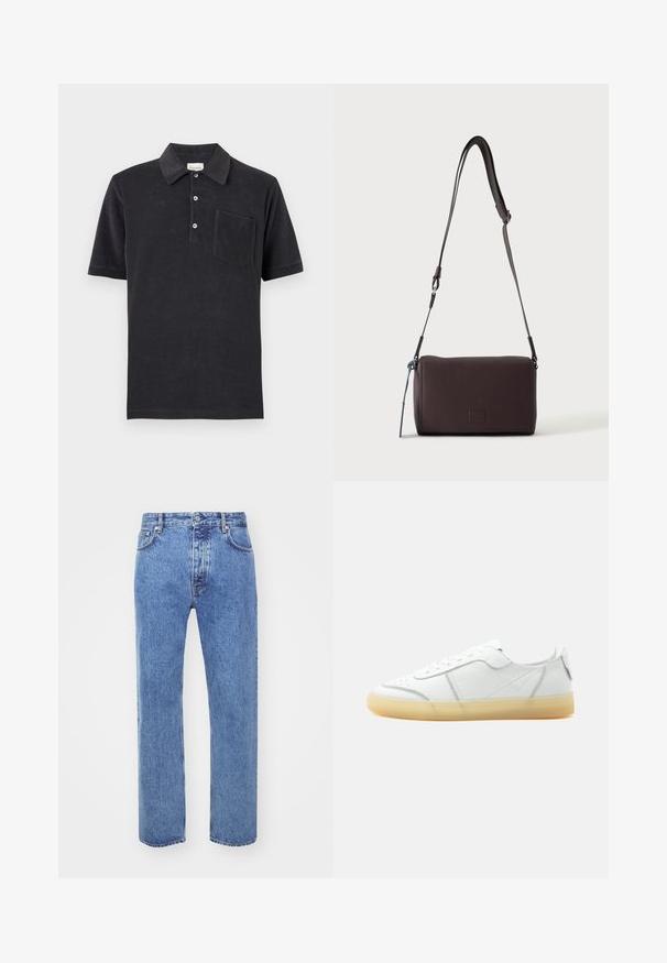 Polo noir à manches courtes avec trois boutons blancs et une poche poitrine, posé à plat sur un fond neutre.; Won Hundred STEVE - Jean boyfriend - cut blue; Baskets basses en cuir blanc avec semelle beige translucide, lacets à l’avant et détails de couture minimalistes, vues de côté sur un fond uni.; Sac bandoulière en cuir marron foncé texturé avec une sangle réglable et un petit accent décoratif bleu sur le côté.
