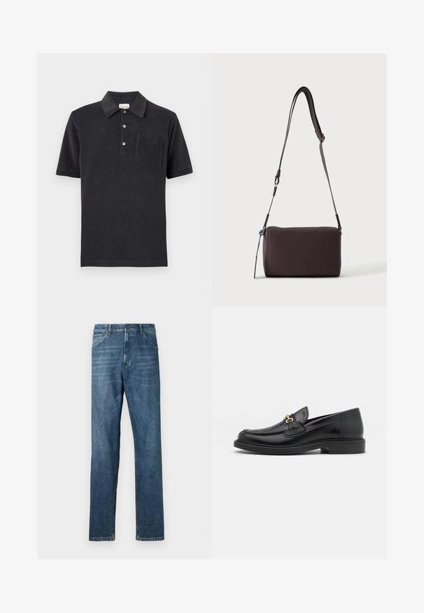 Polo noir à manches courtes avec trois boutons blancs et une poche poitrine, posé à plat sur un fond neutre.; Jeans en denim bleu foncé, design à jambe droite, style à cinq poches, couture visible et fermeture à bouton classique. Effet de délavage léger sur le tissu.; Mocassins en cuir noir avec un embout rond, présentant des accents en métal doré et des détails de couture, montés sur une semelle en caoutchouc texturé et basse.; Sac bandoulière en cuir marron foncé texturé avec une sangle réglable et un petit accent décoratif bleu sur le côté.
