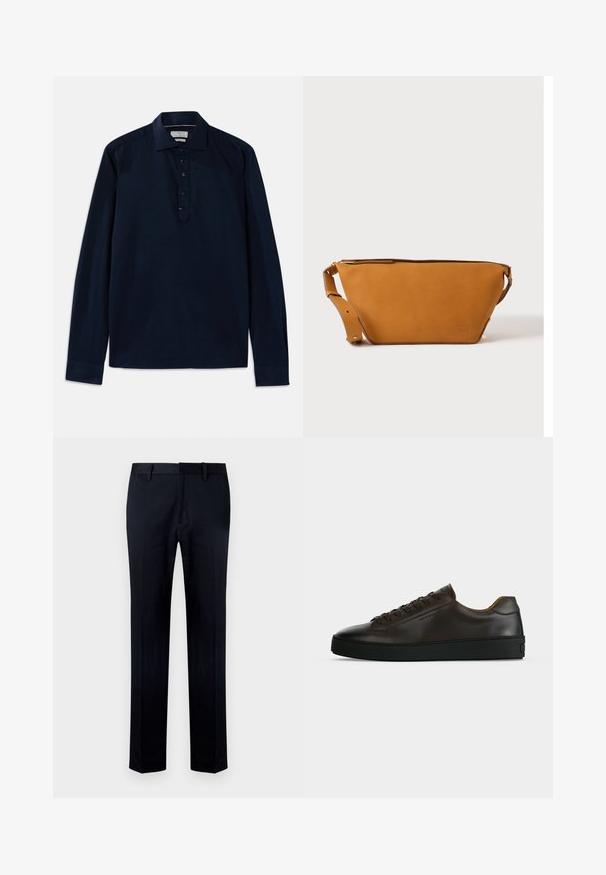 Michael Kors Langarmshirt - navy; Schwarze Hose aus glattem Stoff mit geradem Bein, Bund mit Gürtelschlaufen und einem Reißverschluss als Verschluss.; Flach geschnittener dunkelbrauner Ledersneaker mit schwarzer Gummisohle, Schnürung vorne und schlicht-minimalistischem Design auf hellem Hintergrund.; Hellbraune Leder-Umhängetasche mit verstellbarem Schulterriemen und Reißverschluss, vor einem schlichten hellen Hintergrund gezeigt.