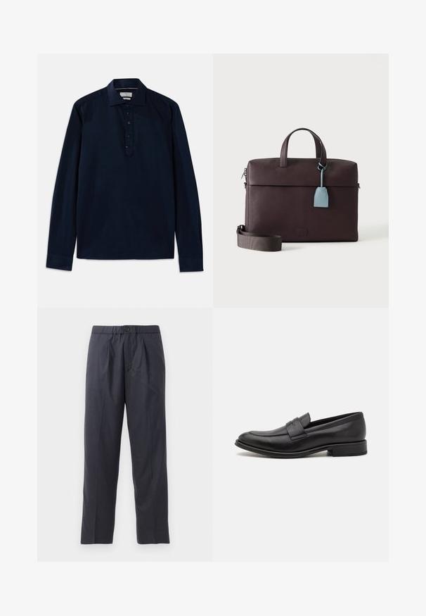 Michael Kors Top s dlhým rukávom - navy; Tmavomodré nohavice vyrobené z mäkkej tkaniny s plisovaným predným dizajnom a elastickým pásom. Obsahujú zapínanie na gombík a strih s priamymi nohavicami.; Čierne kožené loafers s hladkým povrchom, dekoratívnym popruhom cez hornú časť, zaoblenou špičkou a nízkym zloženým podpätkom.; Tmavohnedá kožená aktovka s hornými madlami, odnímateľným nastaviteľným popruhom a svetlomodrou koženou značkou visiacu z jedného madla.
