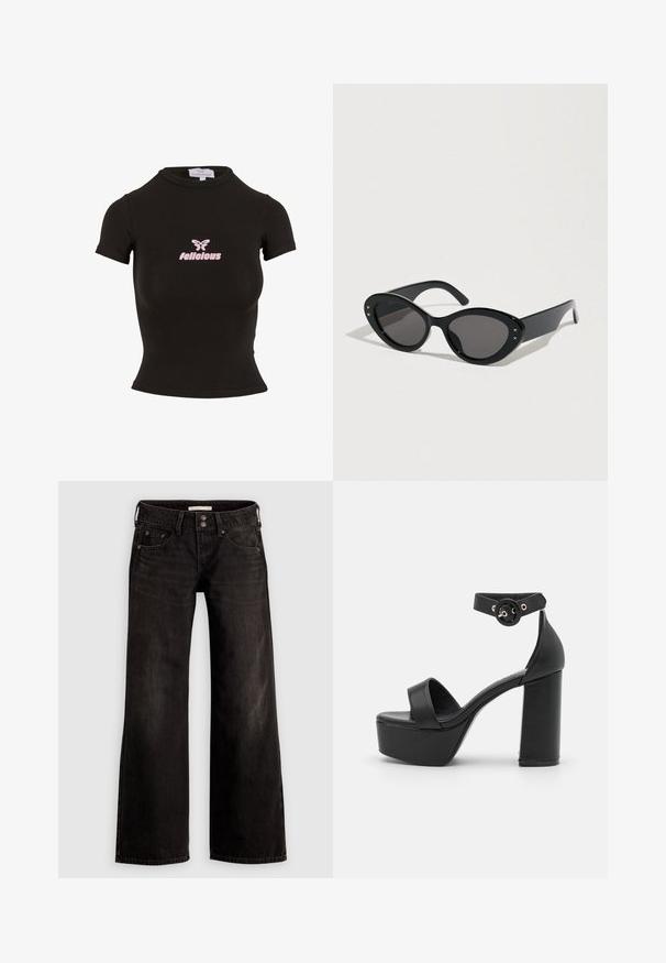 Zwarte korte mouwen crop top gemaakt van rekbaar materiaal. Heeft een roze "felicious" logo en een vlinderafbeelding op de voorkant.; Zwarte wijde jeans met een licht vervaagde afwerking, voorzien van voorzakken, een ritssluiting en een knoopsluiting. Gemaakt van denim stof.; LAMODA WONDERLAND - Sandalen met hoge hak - black; Zwarte zonnebril met een oversized kattenoogvorm. Gladde plastic monturen met donkere lenzen en kleine steraccenten aan de zijkanten.
