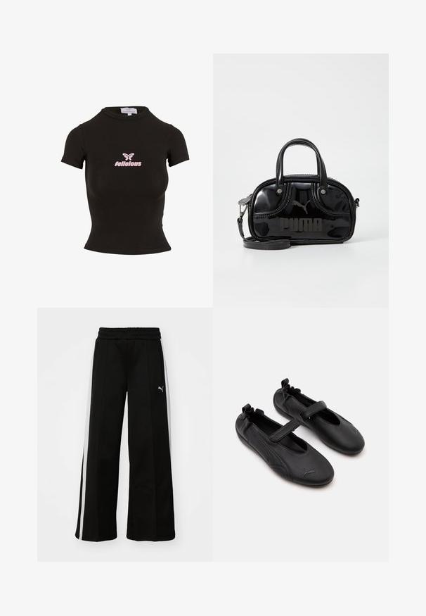 Zwarte korte mouwen crop top gemaakt van rekbaar materiaal. Heeft een roze "felicious" logo en een vlinderafbeelding op de voorkant.; Zwarte wijde broek met een elastische tailleband, verticale witte strepen, zijzakken met rits en een klein logo op de bovenbeen.; Paar zwarte leren Mary Jane schoenen met elastische achterkant en klittenbandsluiting, met een subtiel Puma-logo op elke teen.; Zwarte lakleren handtas met dubbele handvatten aan de bovenkant, afneembare schouderriem, ronde vorm en opvallend gegraveerd "PUMA" logo.