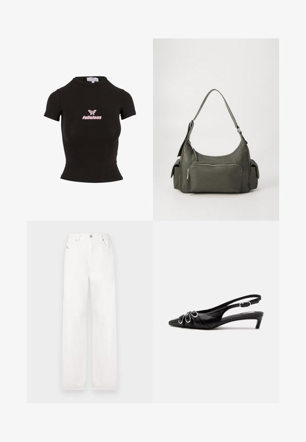 Top court noir à manches courtes fabriqué dans un matériau extensible. Présente un logo "felicious" rose et un graphique de papillon sur le devant.; Pantalons en coton blancs à jambes larges avec un design classique à cinq poches et une fermeture à bouton en métal, comprenant des détails de couture subtils.; Chaussure slingback en cuir noir avec bout pointu, trois boucles argentées à l'avant et petit talon kitten sur fond blanc.; Sac à épaule en cuir vert avec un design arrondi, poche zippée à l'avant et poches supplémentaires sur les côtés. Texture lisse et matériel minimal.